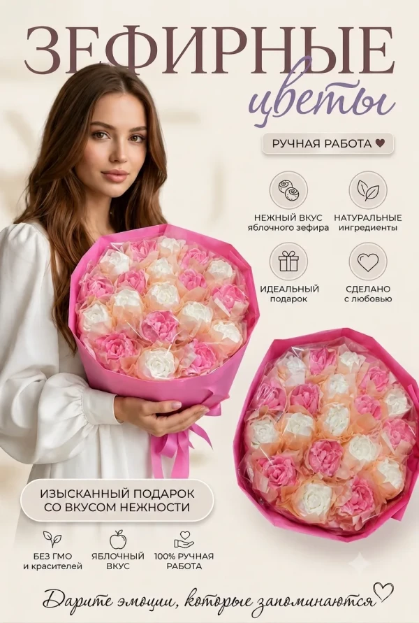 №3 Букет Зефирный Размер XL бело-розовый,350г(цвет упаковочного материала может отличаться от фото на сайте) в Клину
